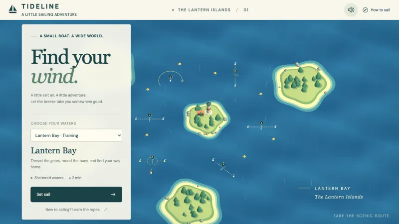 Tideline sailing game welcome screen